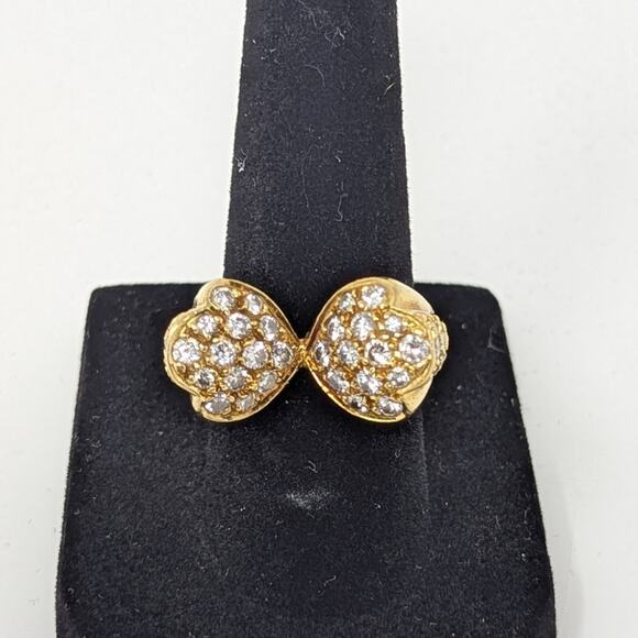 18K Gold Estate Vintage Diamond Pave Double Floral Ring Yellow Gold Size 6 - Picture 7 of 13